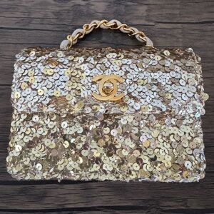 Vintage Chanel Micro Half Flap bag in gold sequin, ribbed satin, gold hardware